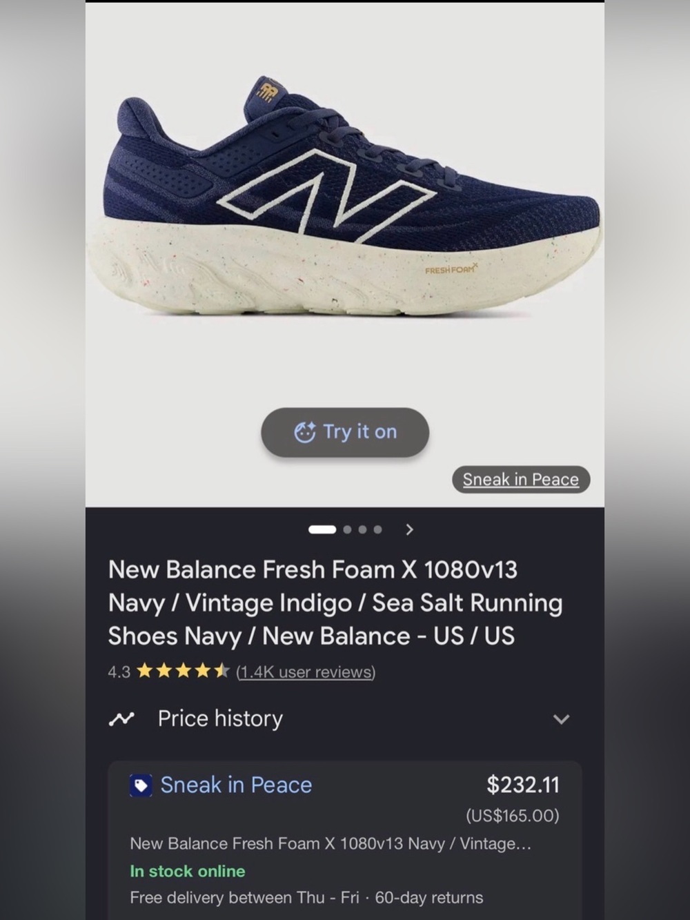 New Balance Men's Fresh Foam X 1080v13 Navy Running Shoe sz8.5